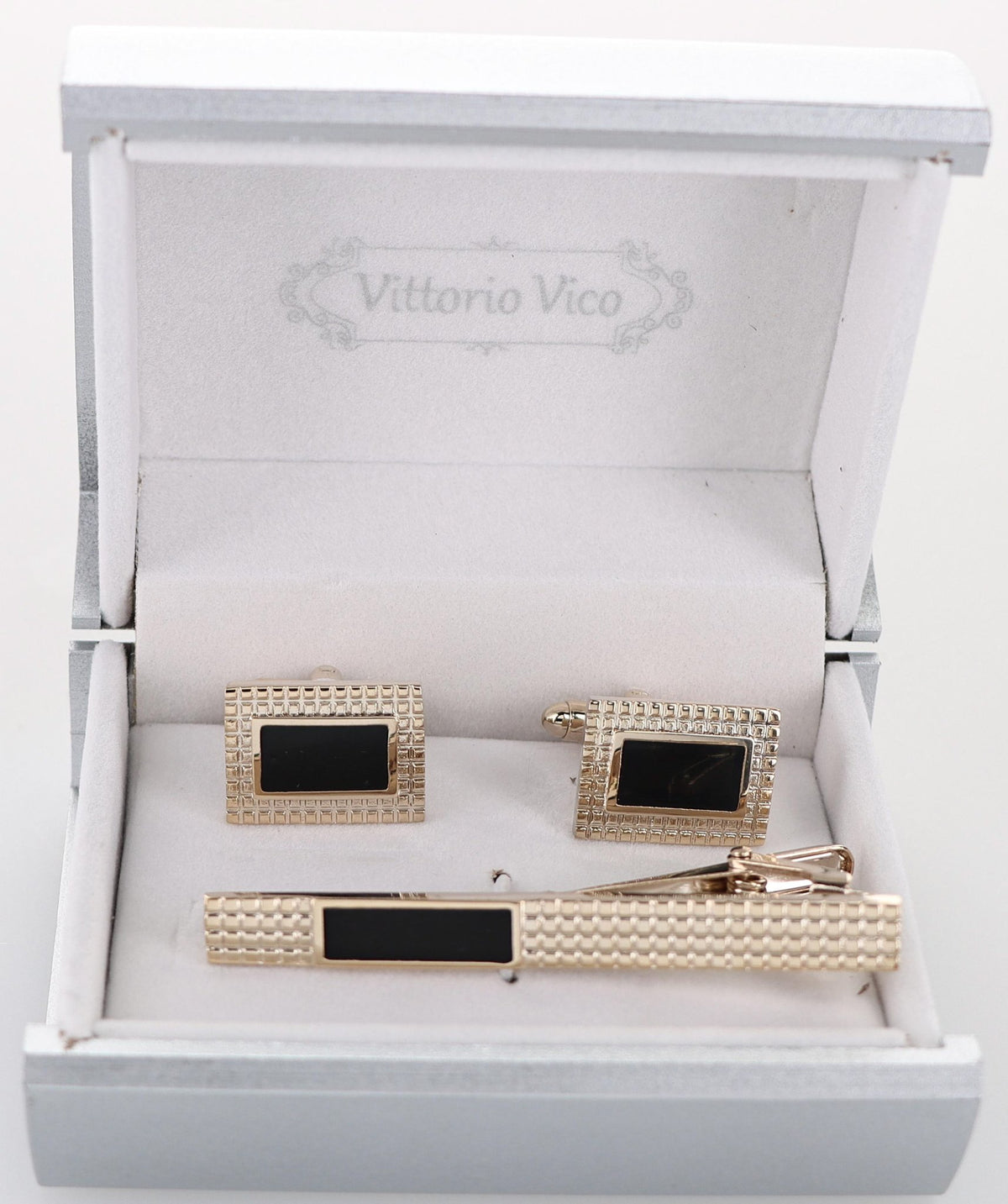 Vittorio Vico Plain Gold Cufflink &amp; Tie Bar Set in Gift Box - CLTB-528 - Classy Cufflinks