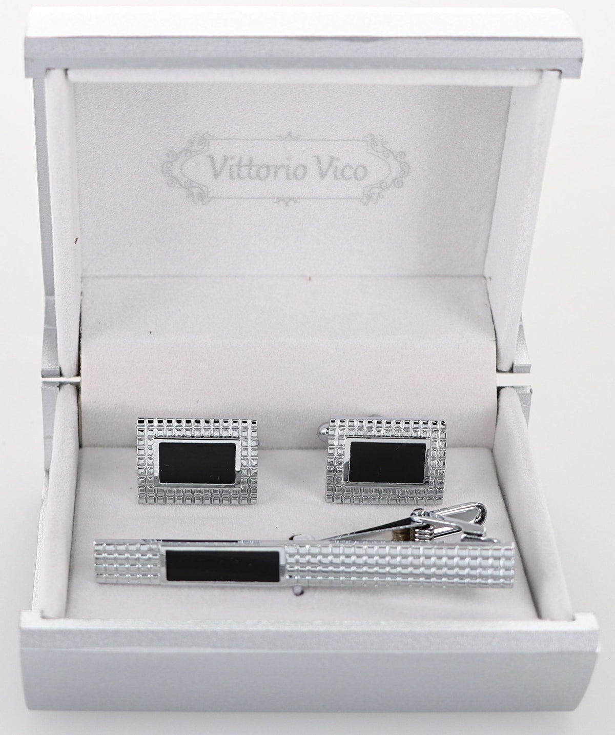 Vittorio Vico Plain Silver Cufflink &amp; Tie Bar Set in Gift Box - CLTB-529 - Classy Cufflinks
