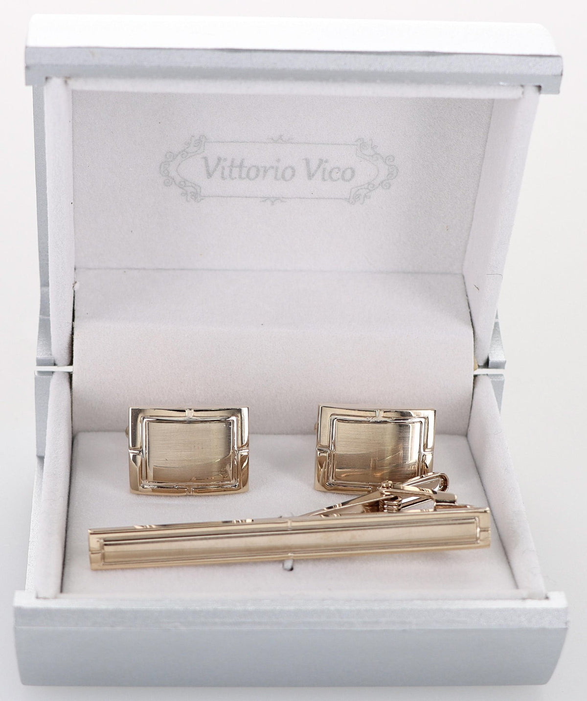 Vittorio Vico Plain Gold Cufflink &amp; Tie Bar Set in Gift Box - CLTB-530 - Classy Cufflinks