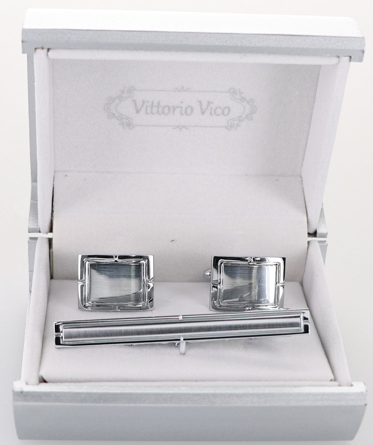 Vittorio Vico Plain Silver Cufflink &amp; Tie Bar Set in Gift Box - CLTB-531 - Classy Cufflinks