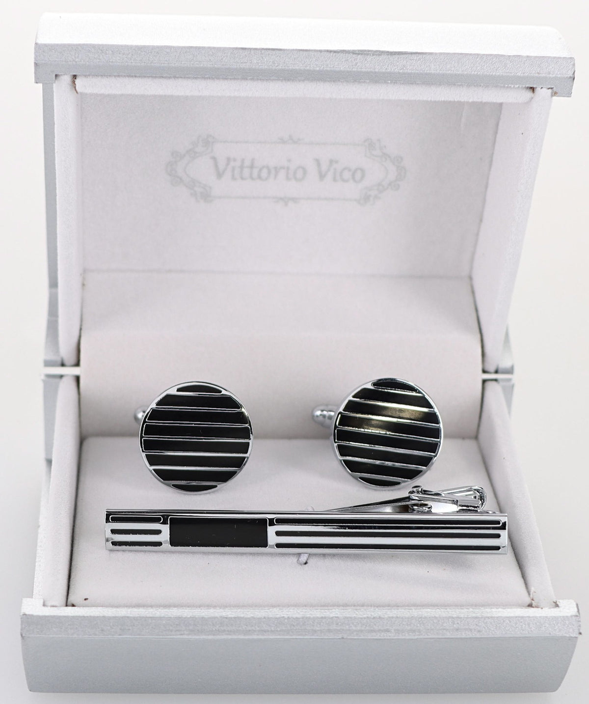 Vittorio Vico Plain Silver Cufflink &amp; Tie Bar Set in Gift Box - CLTB-533 - Classy Cufflinks