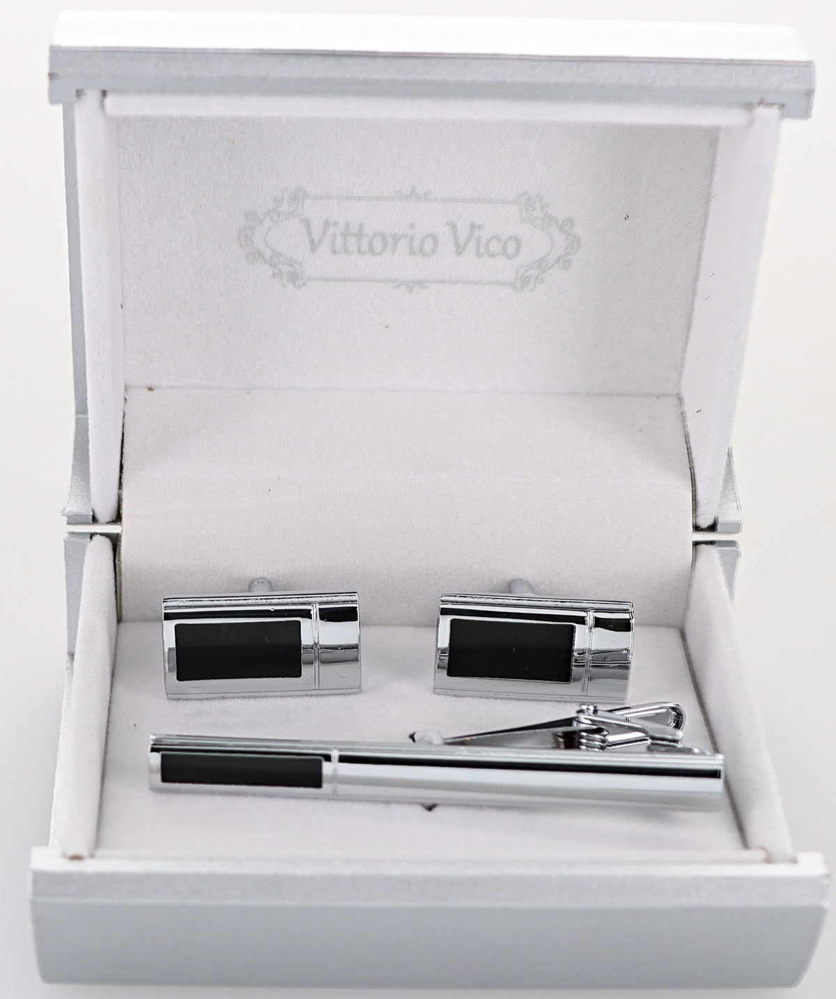 Vittorio Vico Plain Silver Cufflink &amp; Tie Bar Set in Gift Box - CLTB-535 - Classy Cufflinks
