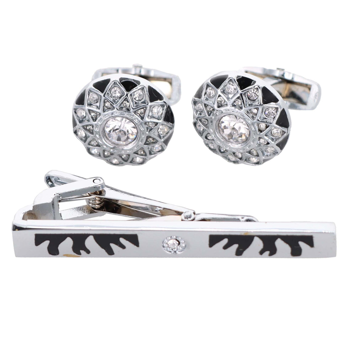 Vittorio Vico Silver Rhinestone Cufflinks &amp; Tie Bar Set - CR-024 - Classy Cufflinks