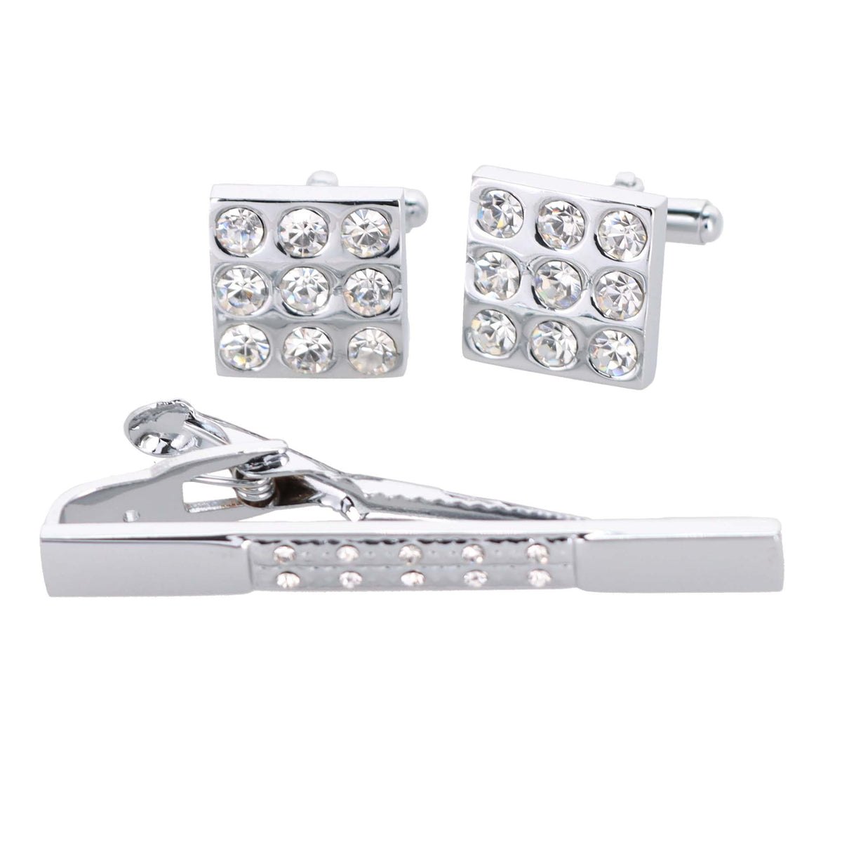 Vittorio Vico Silver Rhinestone Cufflinks &amp; Tie Bar Set - CR-026 - Classy Cufflinks