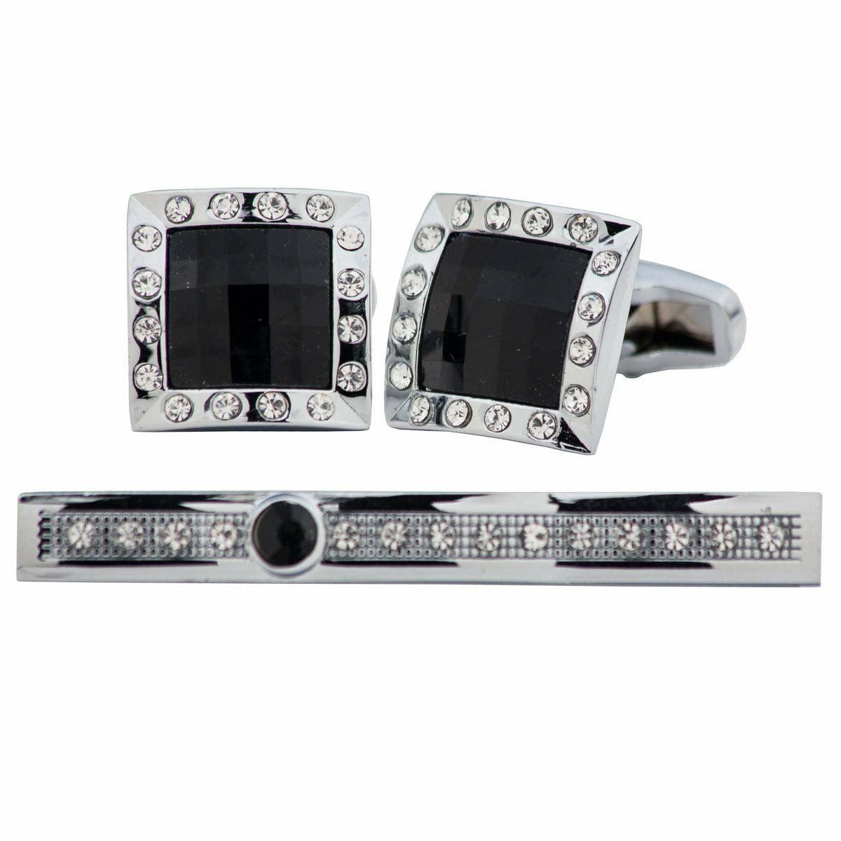 Vittorio Vico Silver Rhinestone Cufflinks &amp; Tie Bar Set - CR-027 - Classy Cufflinks