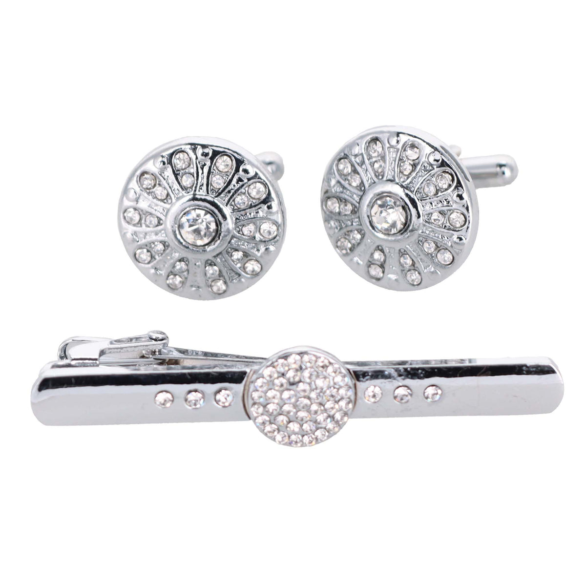 Vittorio Vico Silver Rhinestone Cufflinks &amp; Tie Bar Set - CR-028 - Classy Cufflinks