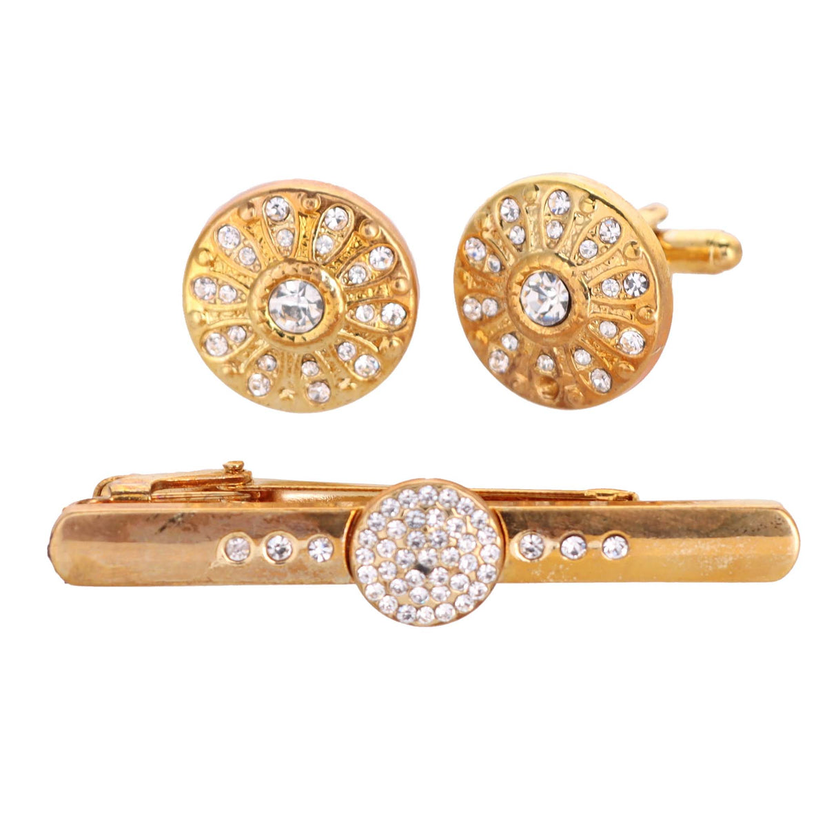 Vittorio Vico Gold Rhinestone Cufflinks &amp; Tie Bar Set - CR-029 - Classy Cufflinks