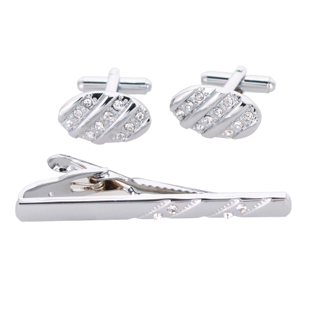 Vittorio Vico Silver Rhinestone Cufflinks &amp; Tie Bar Set - CR-031 - Classy Cufflinks
