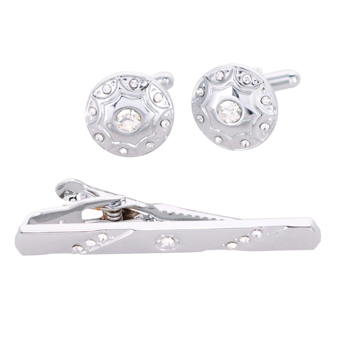 Vittorio Vico Silver Rhinestone Cufflinks &amp; Tie Bar Set - CR-032 - Classy Cufflinks