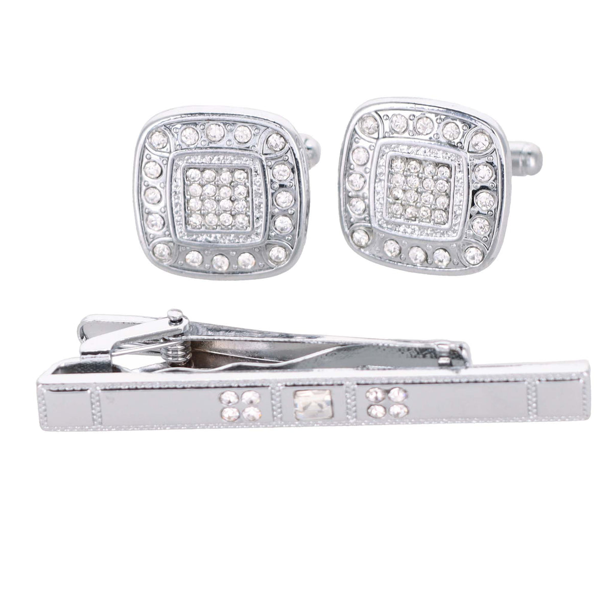 Vittorio Vico Silver Rhinestone Cufflinks &amp; Tie Bar Set - CR-033 - Classy Cufflinks