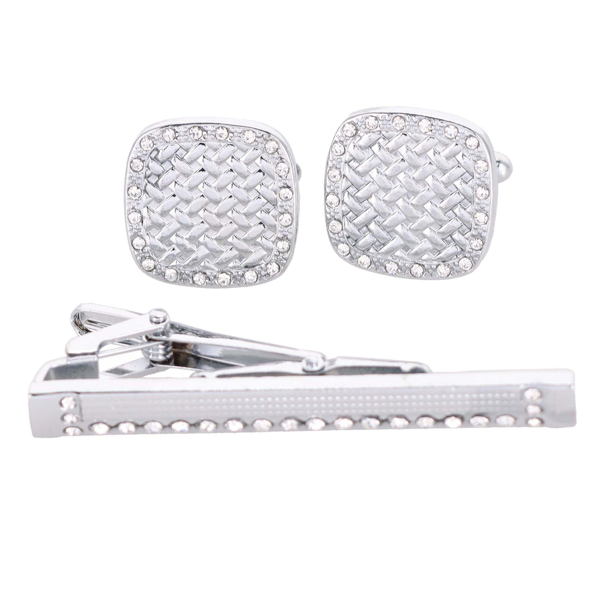 Vittorio Vico Silver Rhinestone Cufflinks &amp; Tie Bar Set - CR-034 - Classy Cufflinks