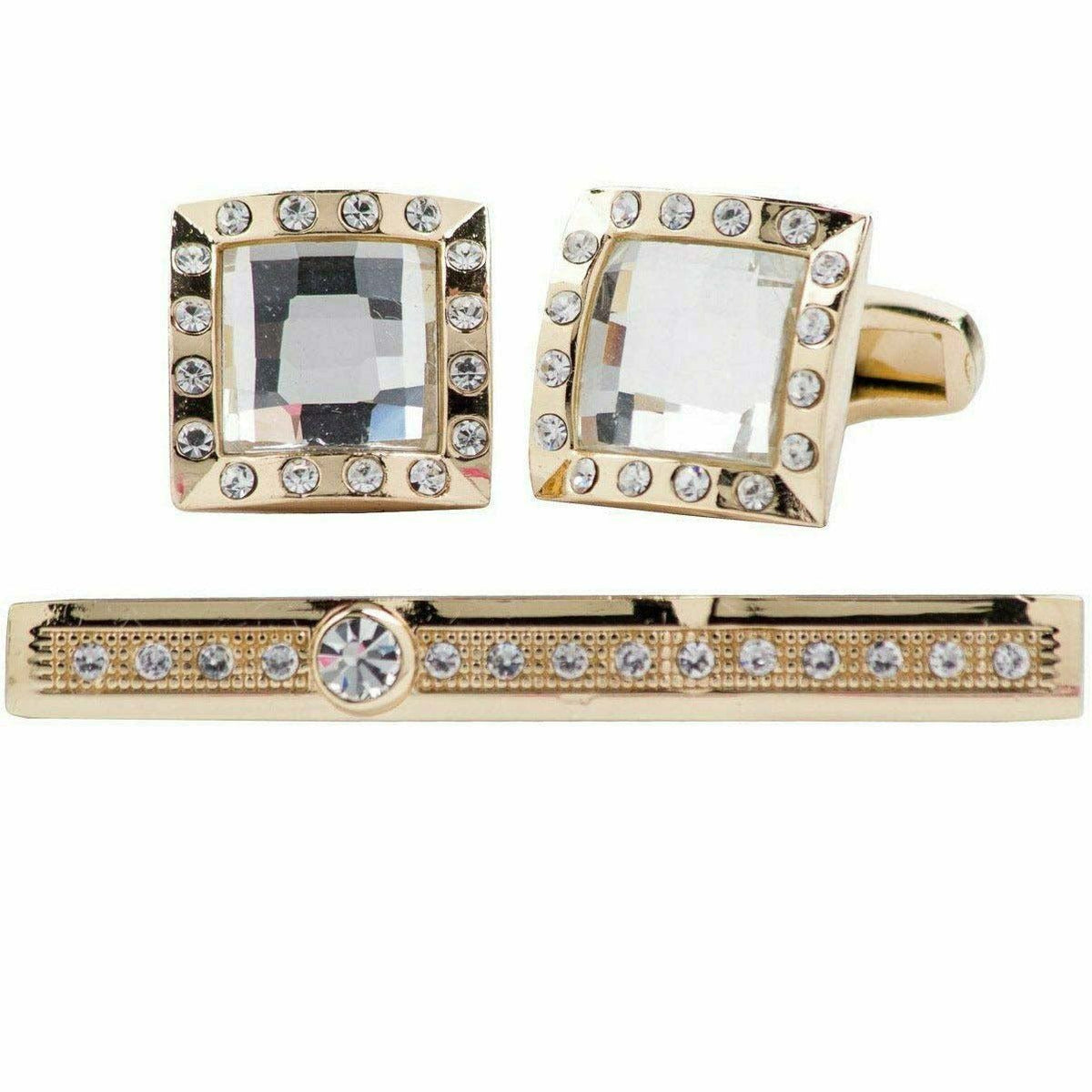 Vittorio Vico Gold Rhinestone Cufflinks &amp; Tie Bar Set - CR-038 - Classy Cufflinks