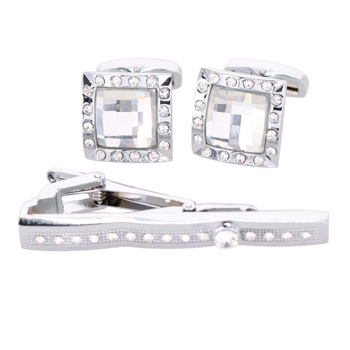 Vittorio Vico Silver Rhinestone Cufflinks &amp; Tie Bar Set - CR-039 - Classy Cufflinks