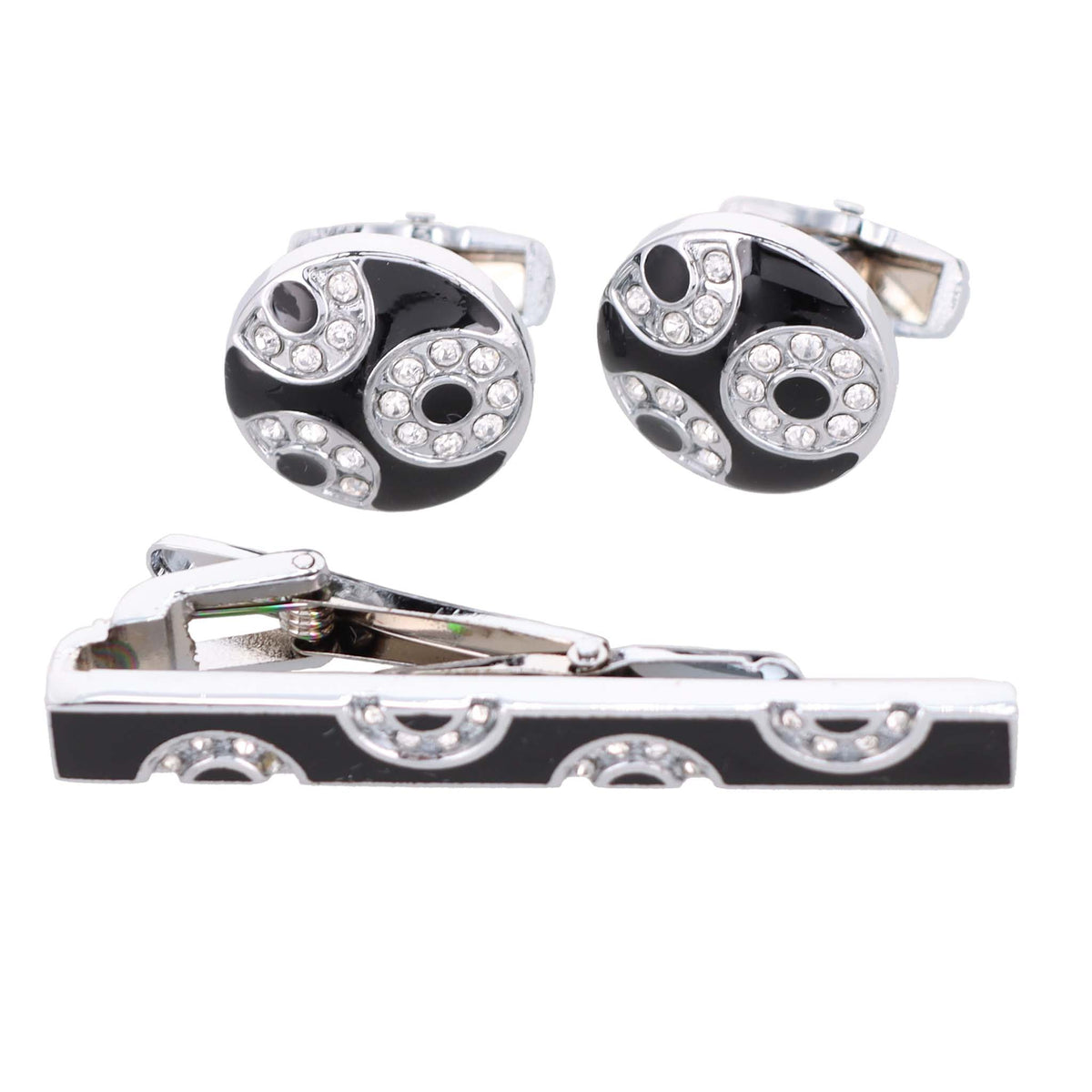 Vittorio Vico Silver Rhinestone Cufflinks &amp; Tie Bar Set - CR-040 - Classy Cufflinks
