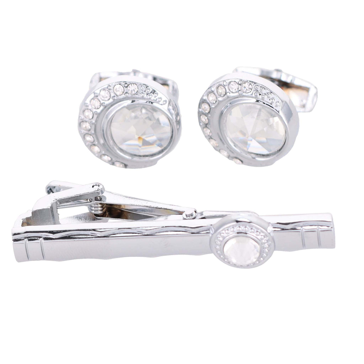 Vittorio Vico Silver Rhinestone Cufflinks &amp; Tie Bar Set - CR-043 - Classy Cufflinks