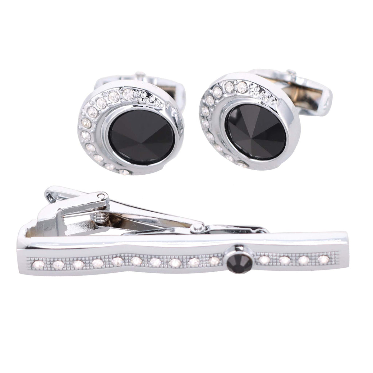 Vittorio Vico Silver Rhinestone Cufflinks &amp; Tie Bar Set - CR-045 - Classy Cufflinks