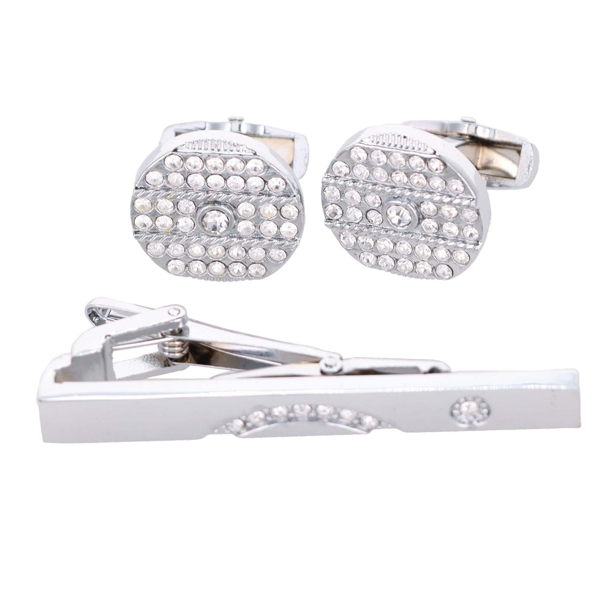 Vittorio Vico Silver Rhinestone Cufflinks &amp; Tie Bar Set - CR-046 - Classy Cufflinks