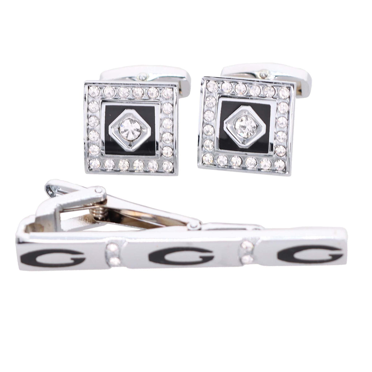 Vittorio Vico Silver Rhinestone Cufflinks &amp; Tie Bar Set - CR-047 - Classy Cufflinks