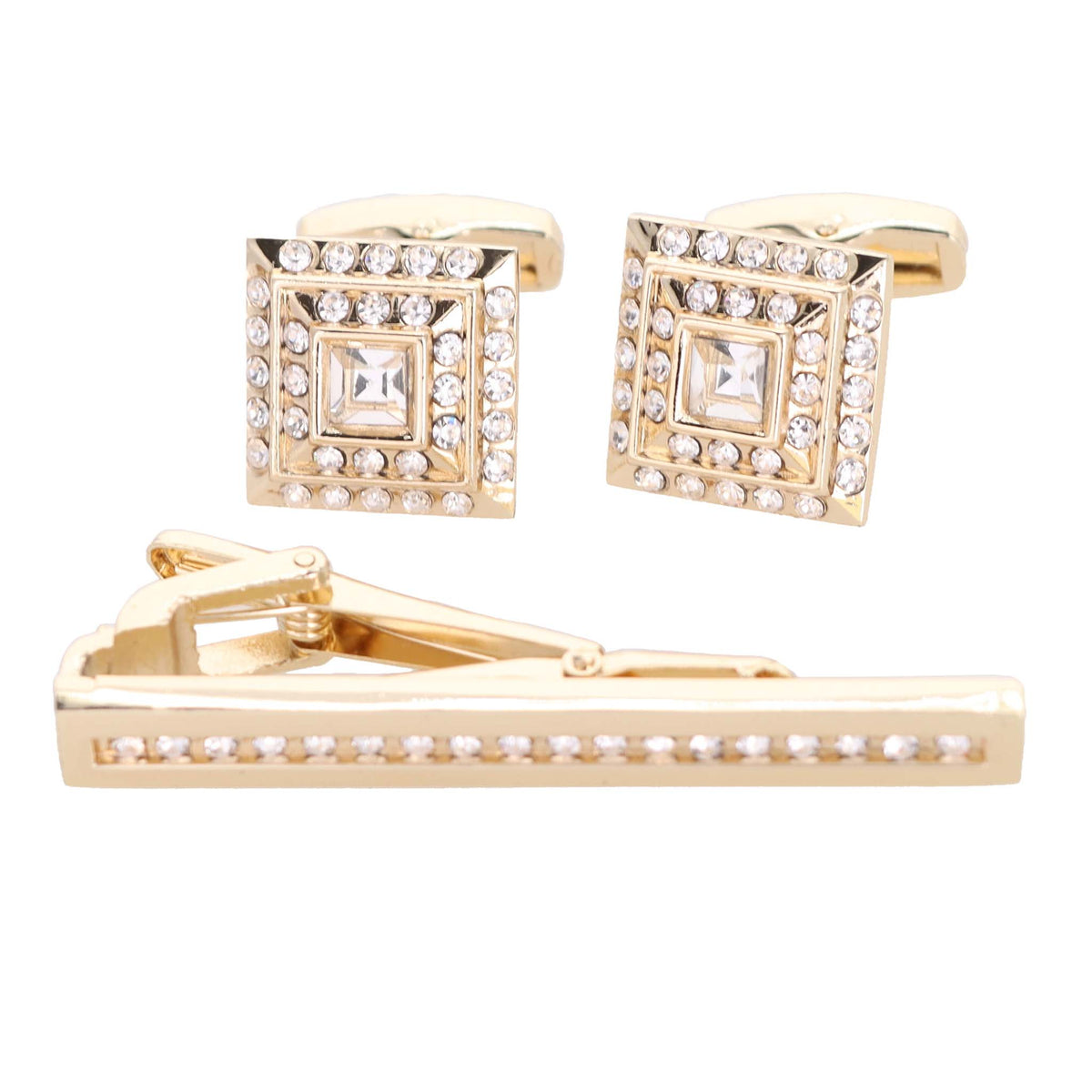 Vittorio Vico Gold Rhinestone Cufflinks &amp; Tie Bar Set - CR-048 - Classy Cufflinks
