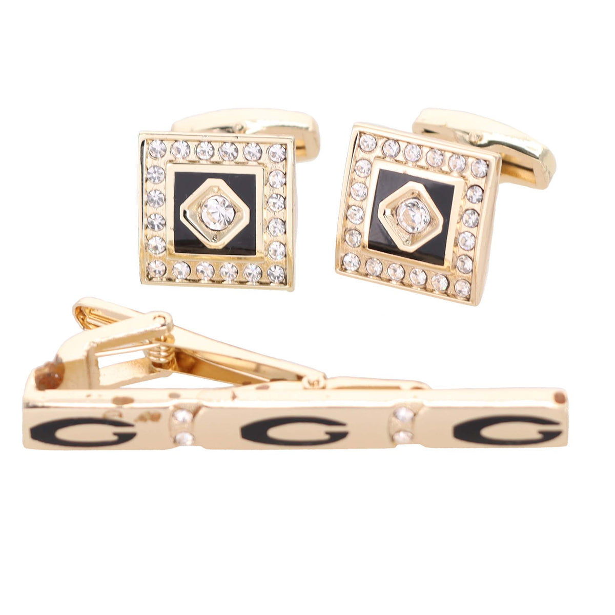 Vittorio Vico Gold Rhinestone Cufflinks &amp; Tie Bar Set - CR-048 - Classy Cufflinks