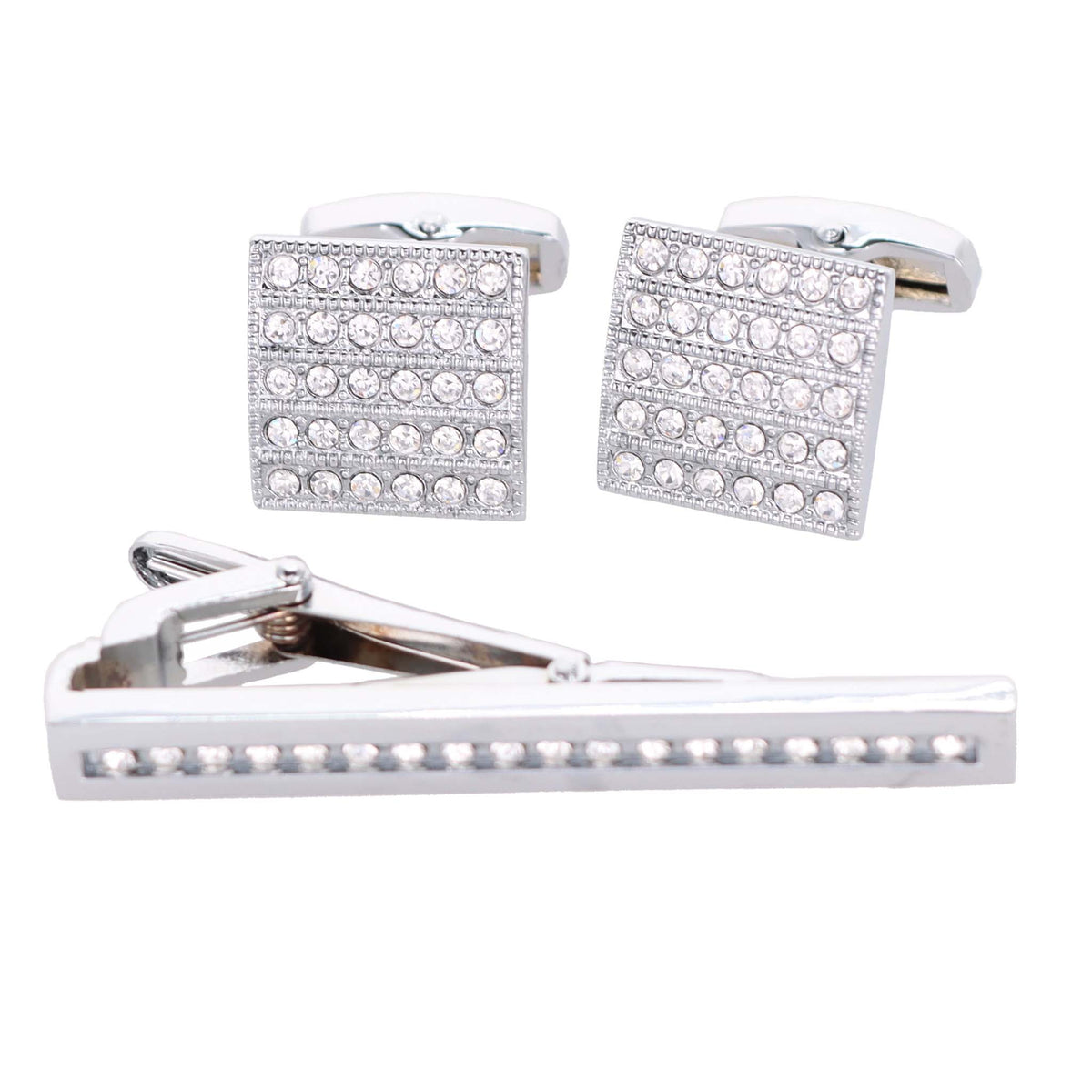 Vittorio Vico Silver Rhinestone Cufflinks &amp; Tie Bar Set - CR-049 - Classy Cufflinks