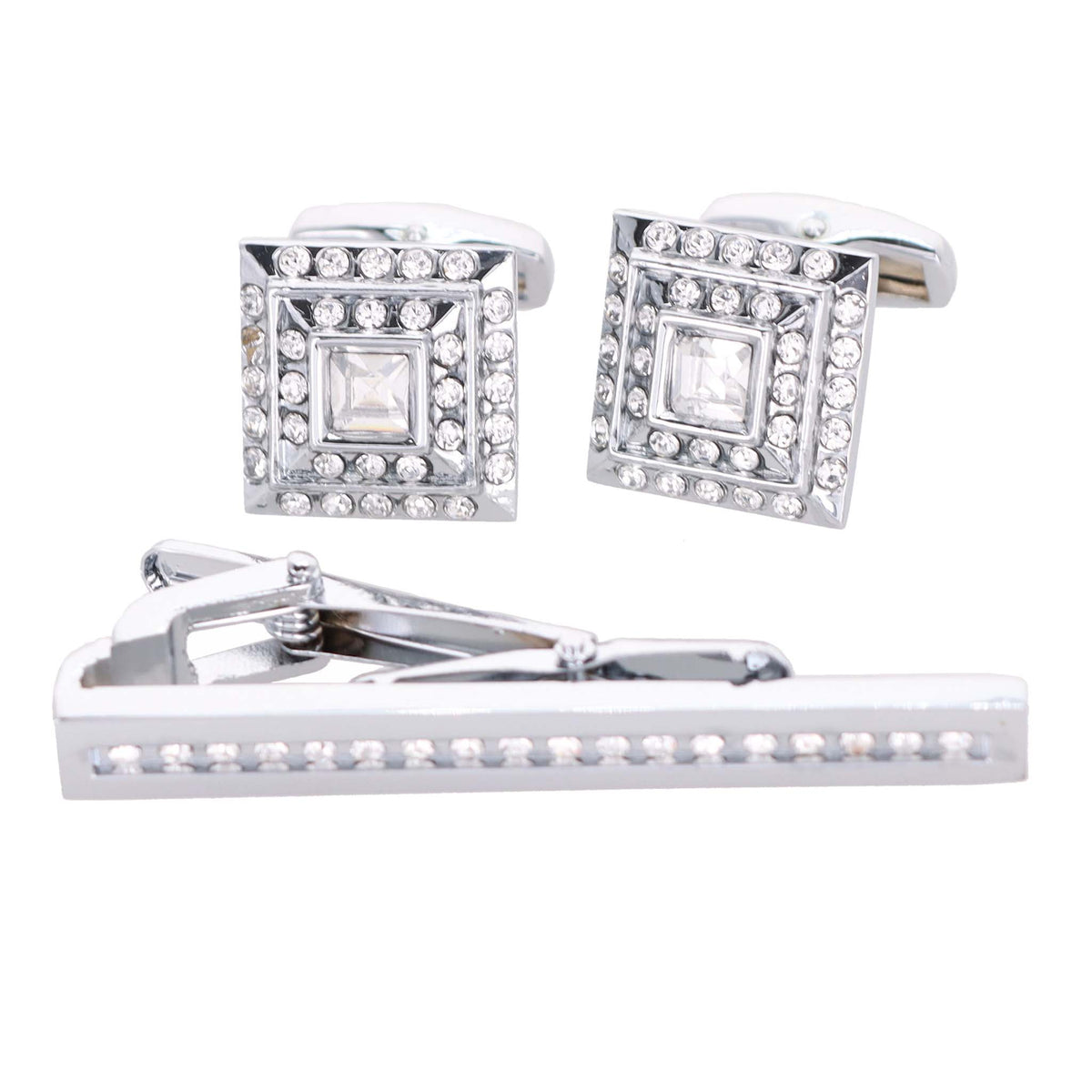 Vittorio Vico Silver Rhinestone Cufflinks &amp; Tie Bar Set - CR-051 - Classy Cufflinks
