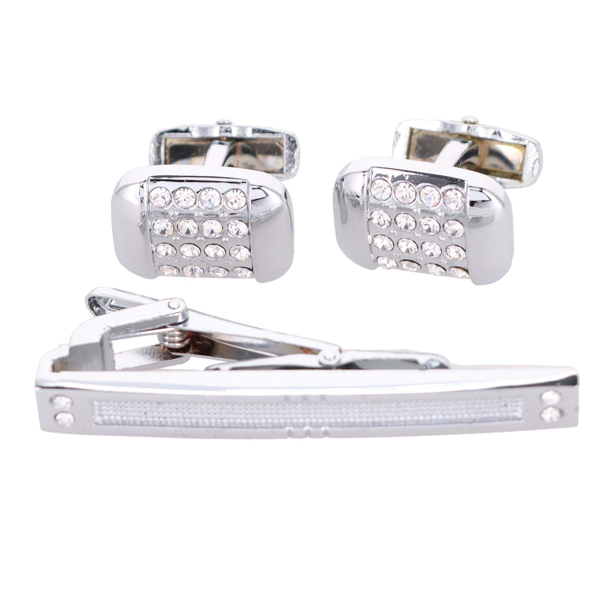 Vittorio Vico Silver Rhinestone Cufflinks &amp; Tie Bar Set - CR-054 - Classy Cufflinks