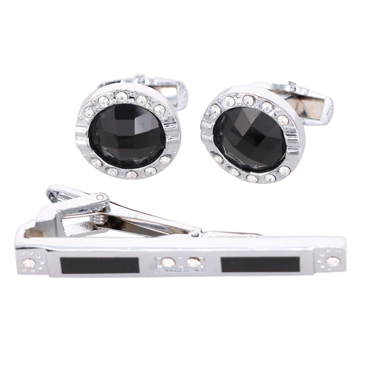 Vittorio Vico Silver Rhinestone Cufflinks &amp; Tie Bar Set - CR-055 - Classy Cufflinks