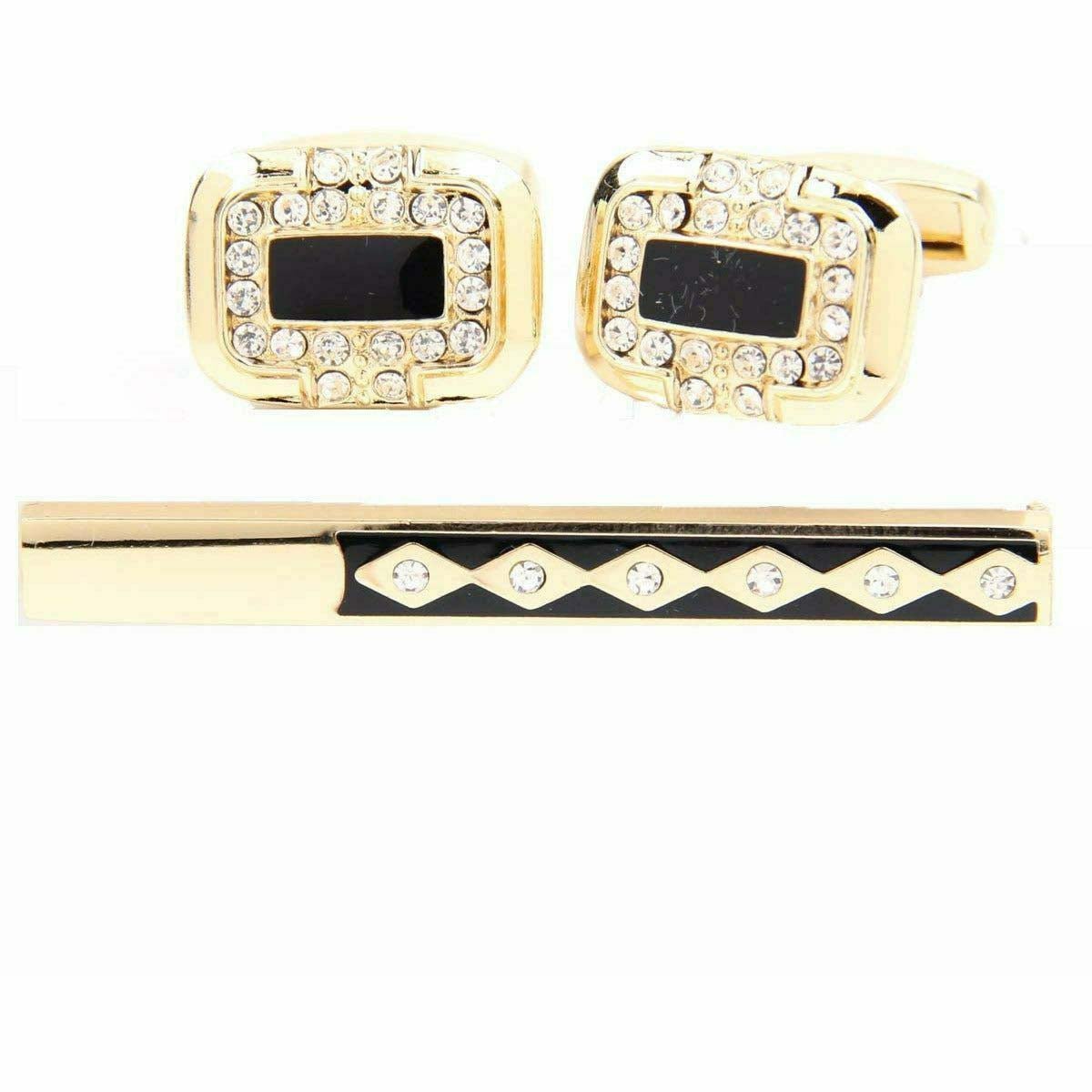 Vittorio Vico Gold Rhinestone Cufflinks &amp; Tie Bar Set - CR-057 - Classy Cufflinks