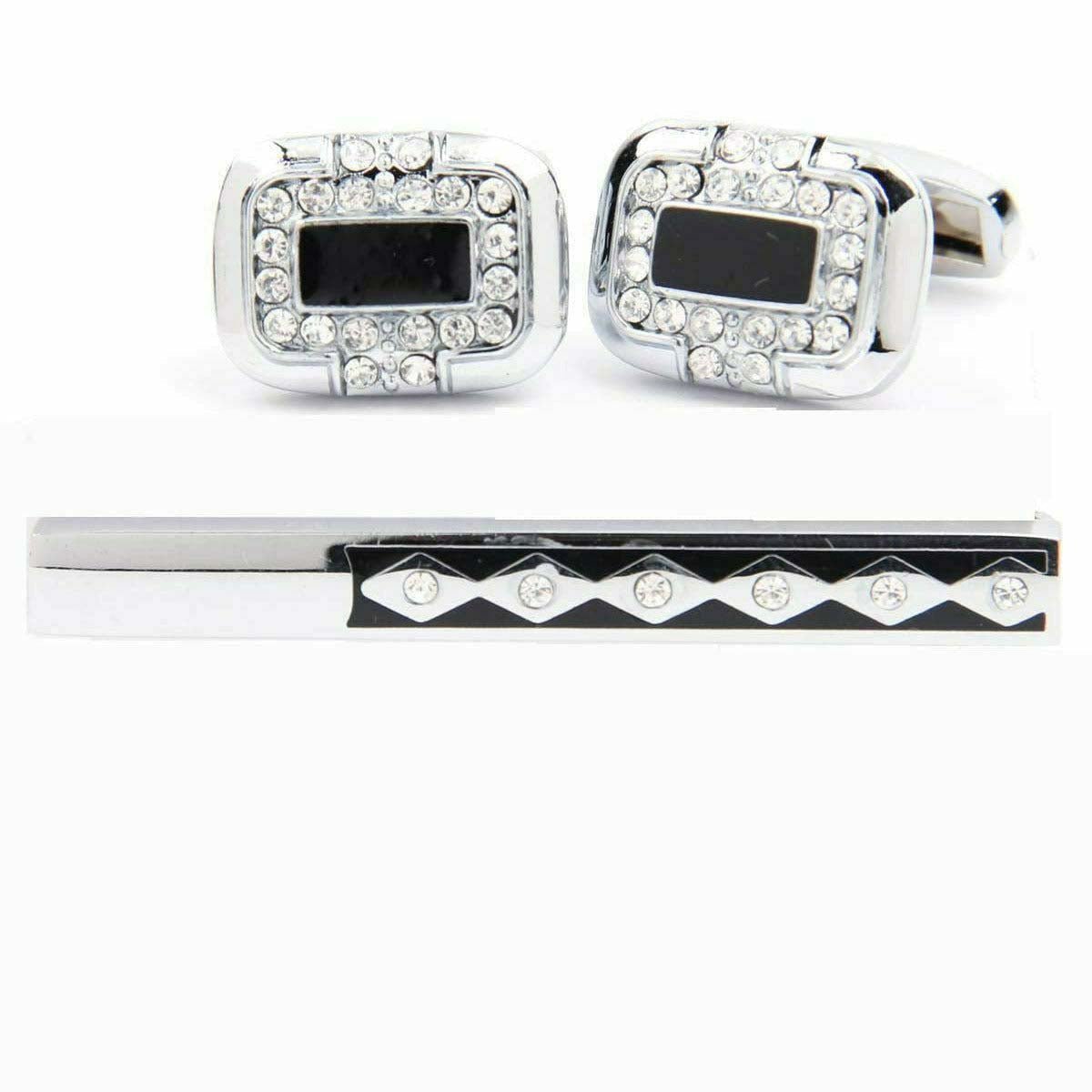 Vittorio Vico Silver Rhinestone Cufflinks &amp; Tie Bar Set - CR-058 - Classy Cufflinks
