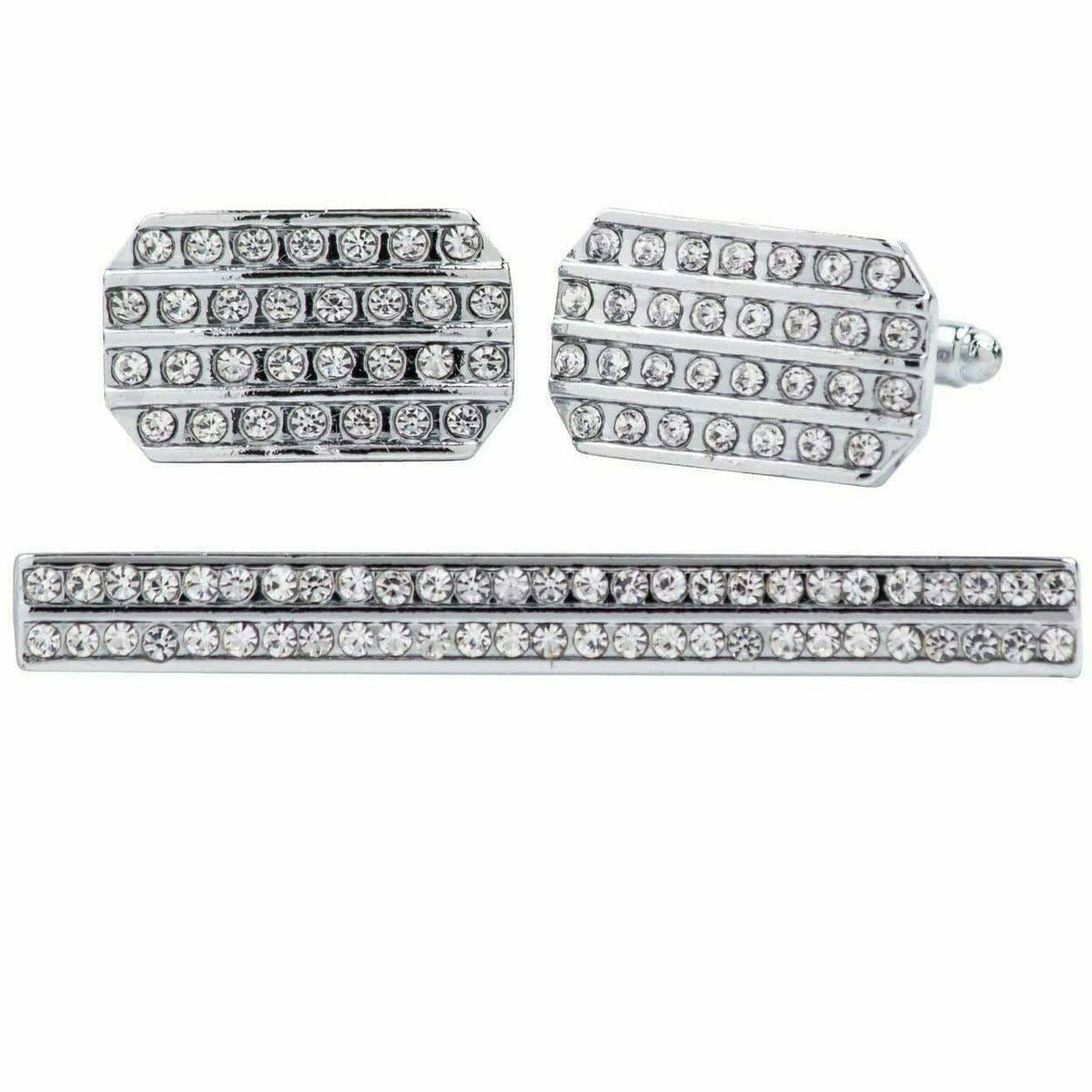 Vittorio Vico Silver Rhinestone Cufflinks &amp; Tie Bar Set - CR-060 - Classy Cufflinks
