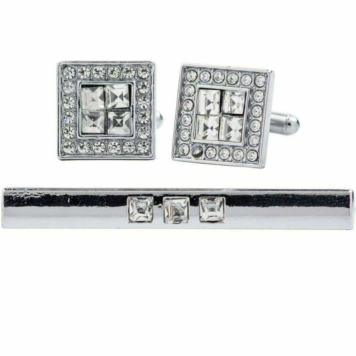 Vittorio Vico Silver Rhinestone Cufflinks &amp; Tie Bar Set - CR-061 - Classy Cufflinks