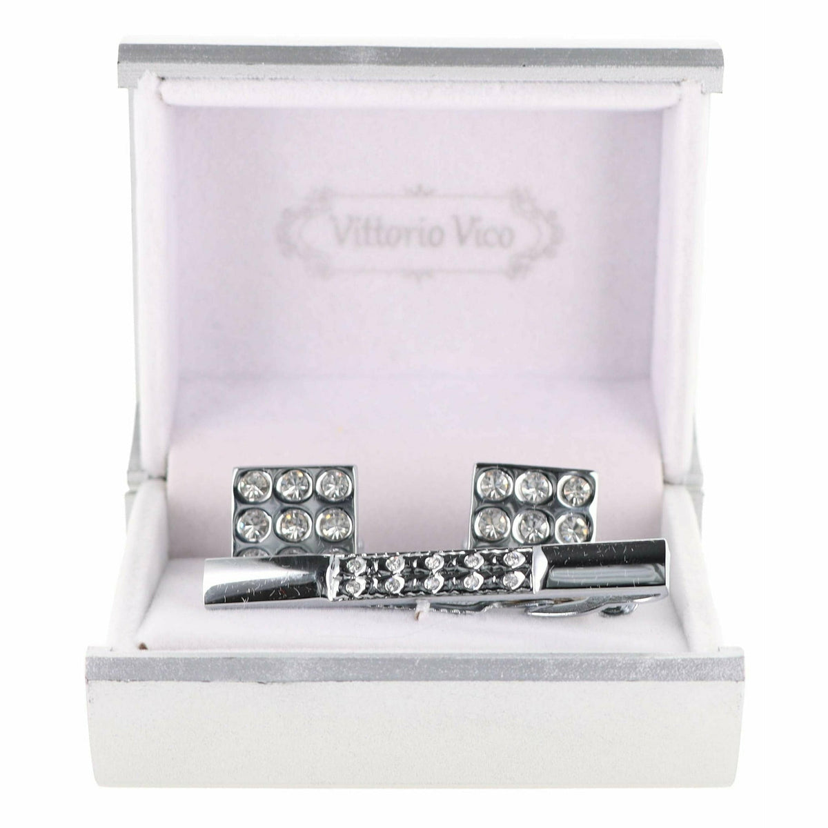 Vittorio Vico Silver Rhinestone Cufflinks &amp; Tie Bar Set - CR-061 - Classy Cufflinks