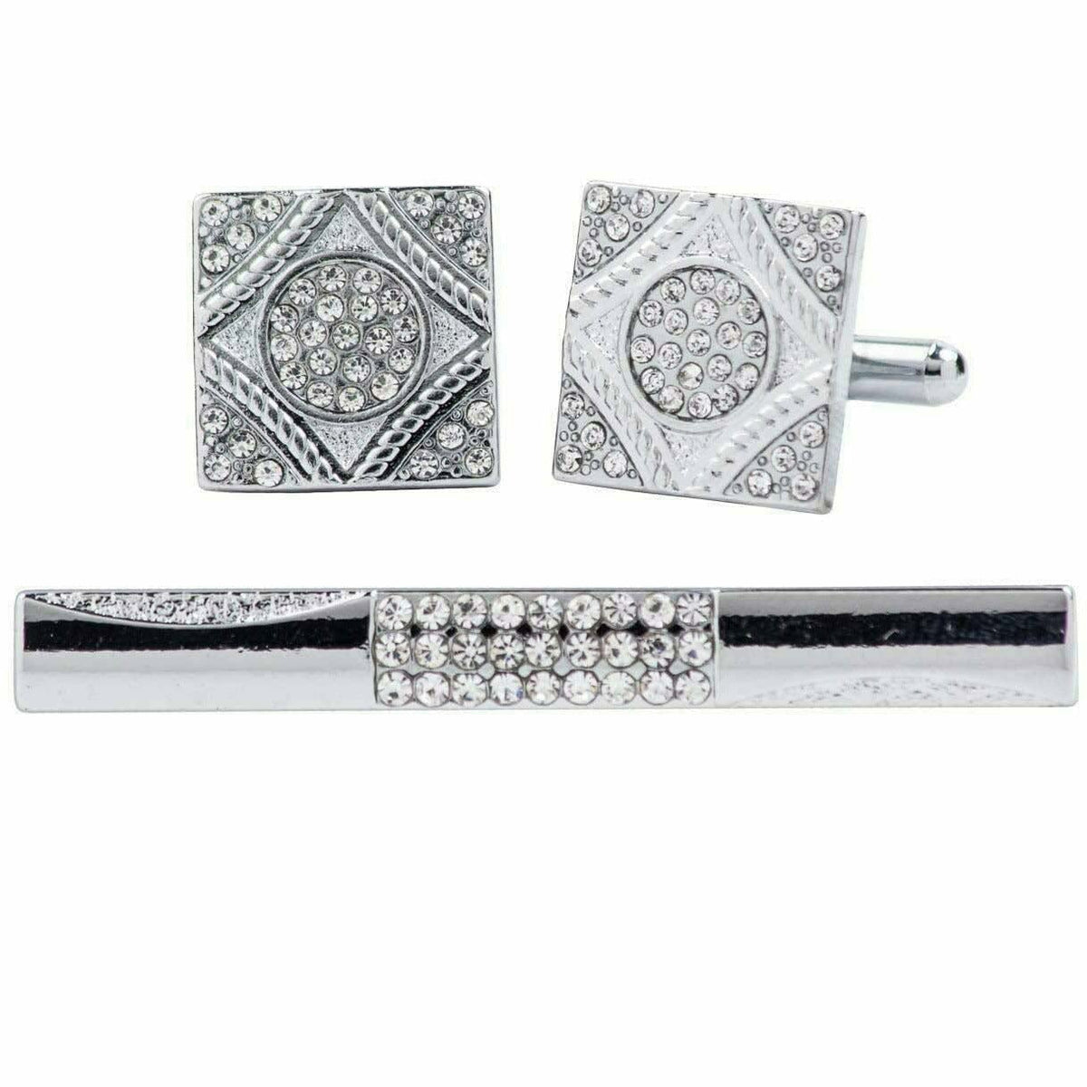 Vittorio Vico Silver Rhinestone Cufflinks &amp; Tie Bar Set - CR-063 - Classy Cufflinks