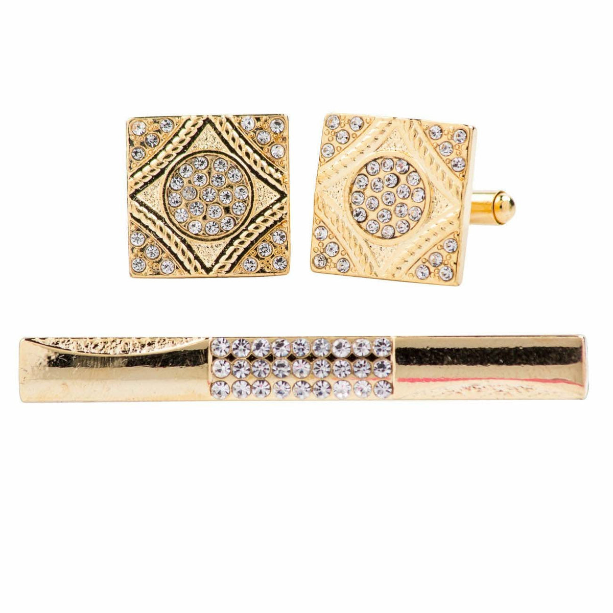 Vittorio Vico Gold Rhinestone Cufflinks &amp; Tie Bar Set - CR-064 - Classy Cufflinks