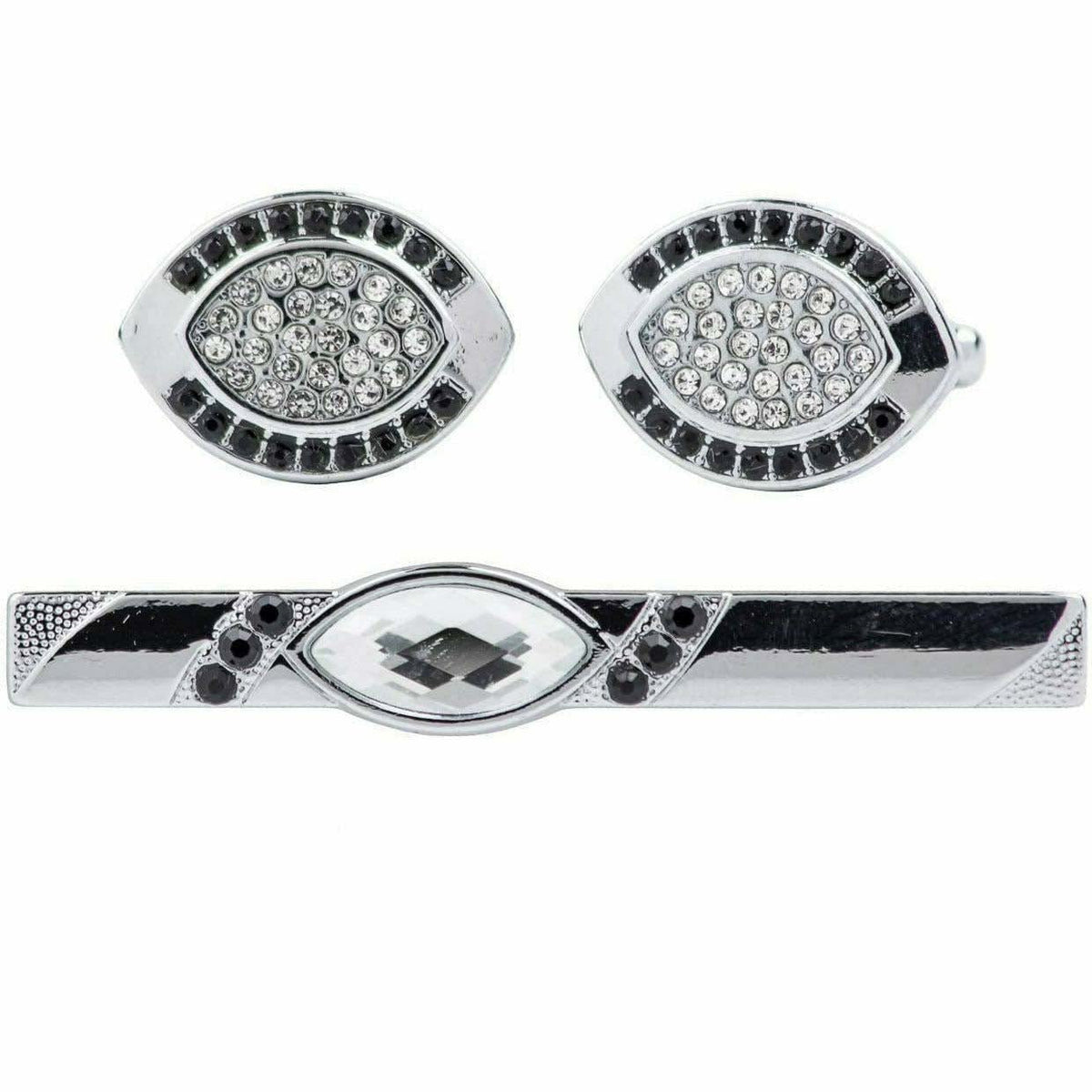 Vittorio Vico Silver Rhinestone Cufflinks &amp; Tie Bar Set - CR-070 - Classy Cufflinks