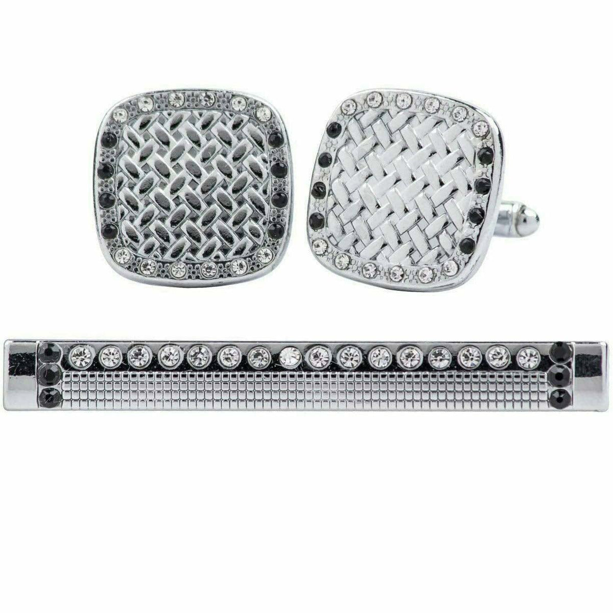 Vittorio Vico Silver Rhinestone Cufflinks &amp; Tie Bar Set - CR-071 - Classy Cufflinks