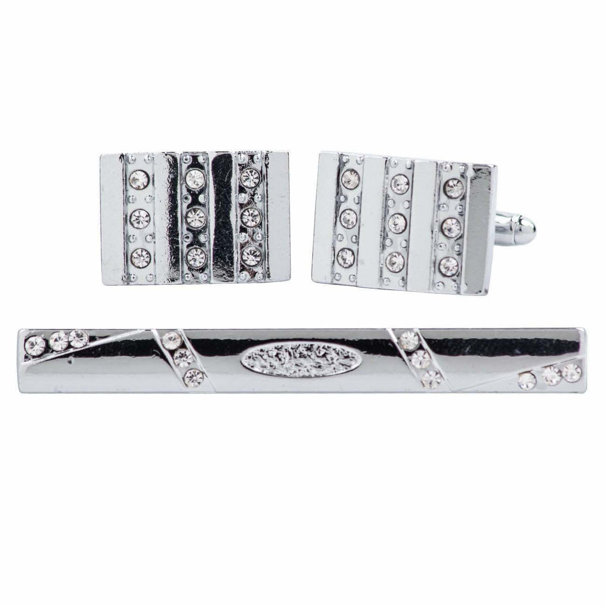 Vittorio Vico Silver Rhinestone Cufflinks &amp; Tie Bar Set - CR-074 - Classy Cufflinks