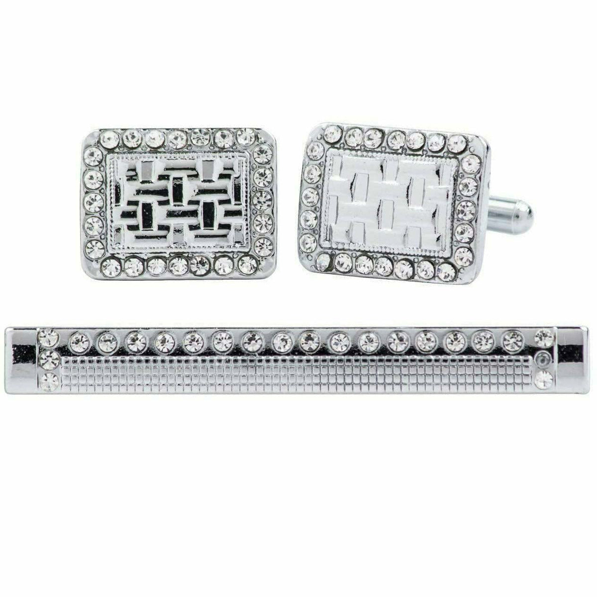 Vittorio Vico Silver Rhinestone Cufflinks &amp; Tie Bar Set - CR-076 - Classy Cufflinks