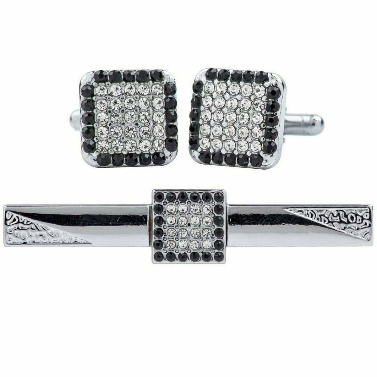 Vittorio Vico Silver Rhinestone Cufflinks &amp; Tie Bar Set - CR-077 - Classy Cufflinks