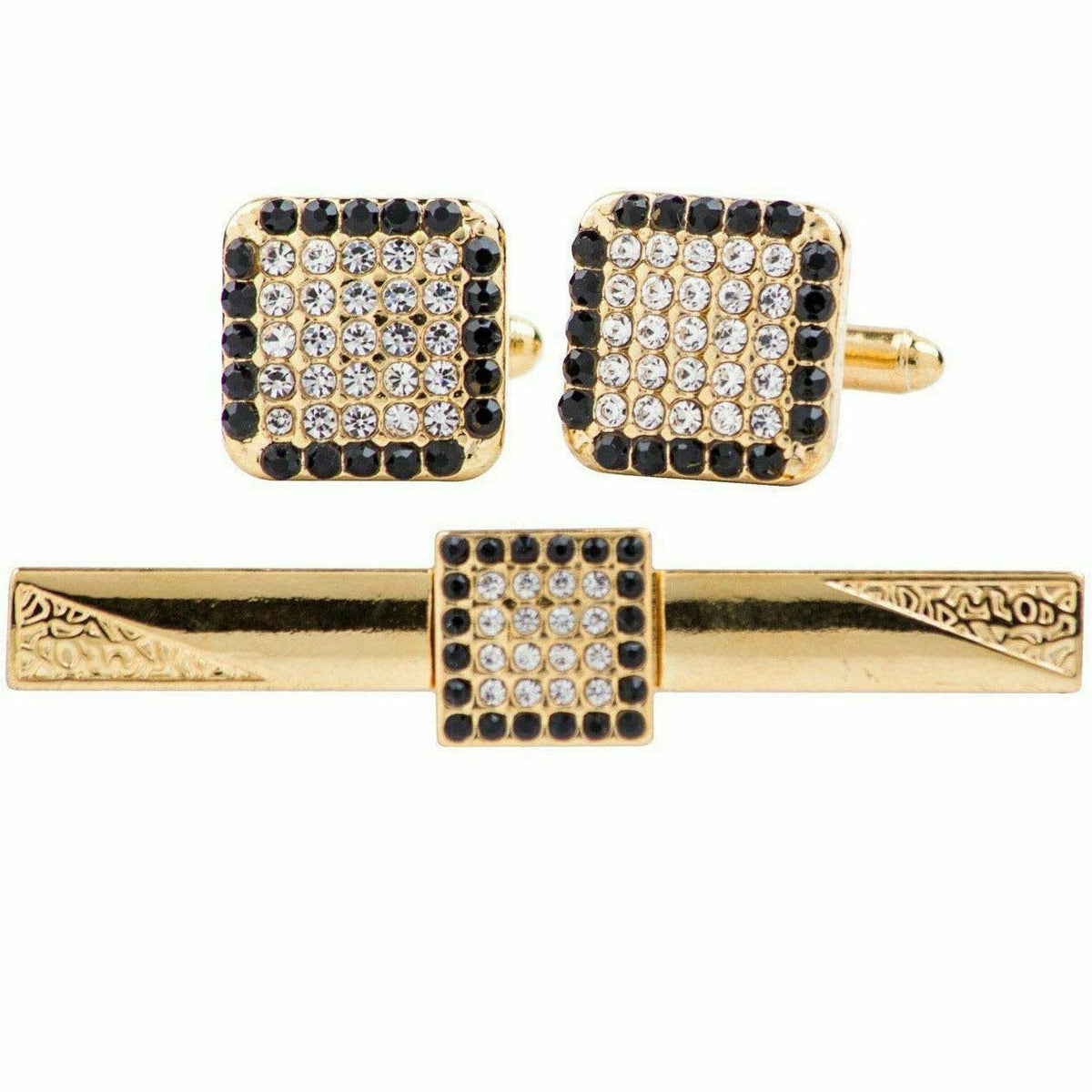Vittorio Vico Gold Rhinestone Cufflinks &amp; Tie Bar Set - CR-078 - Classy Cufflinks