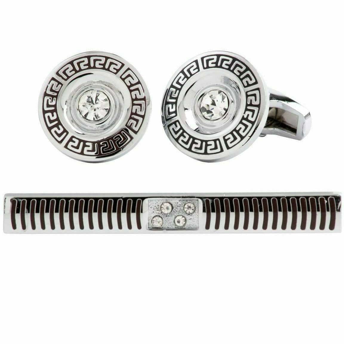 Vittorio Vico Silver Rhinestone Cufflinks &amp; Tie Bar Set - CR-081 - Classy Cufflinks