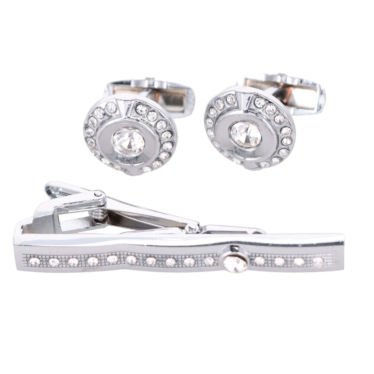 Vittorio Vico Silver Rhinestone Cufflinks &amp; Tie Bar Set - CR-083-S - Classy Cufflinks