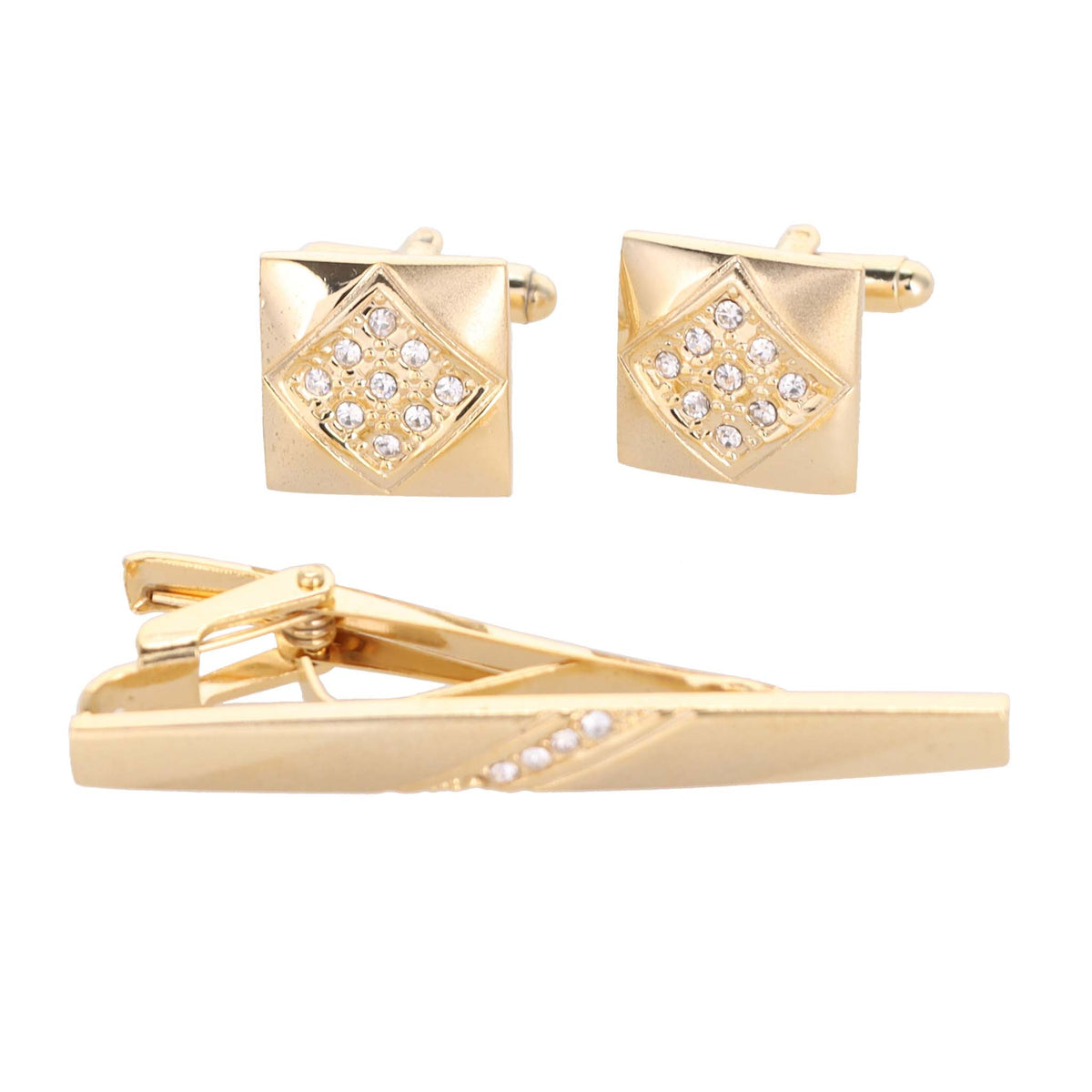 Vittorio Vico Gold Rhinestone Cufflinks &amp; Tie Bar Set - CR-084 - Classy Cufflinks