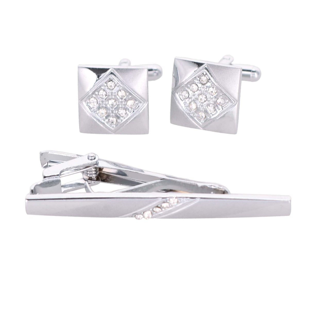 Vittorio Vico Silver Rhinestone Cufflinks &amp; Tie Bar Set - CR-085 - Classy Cufflinks