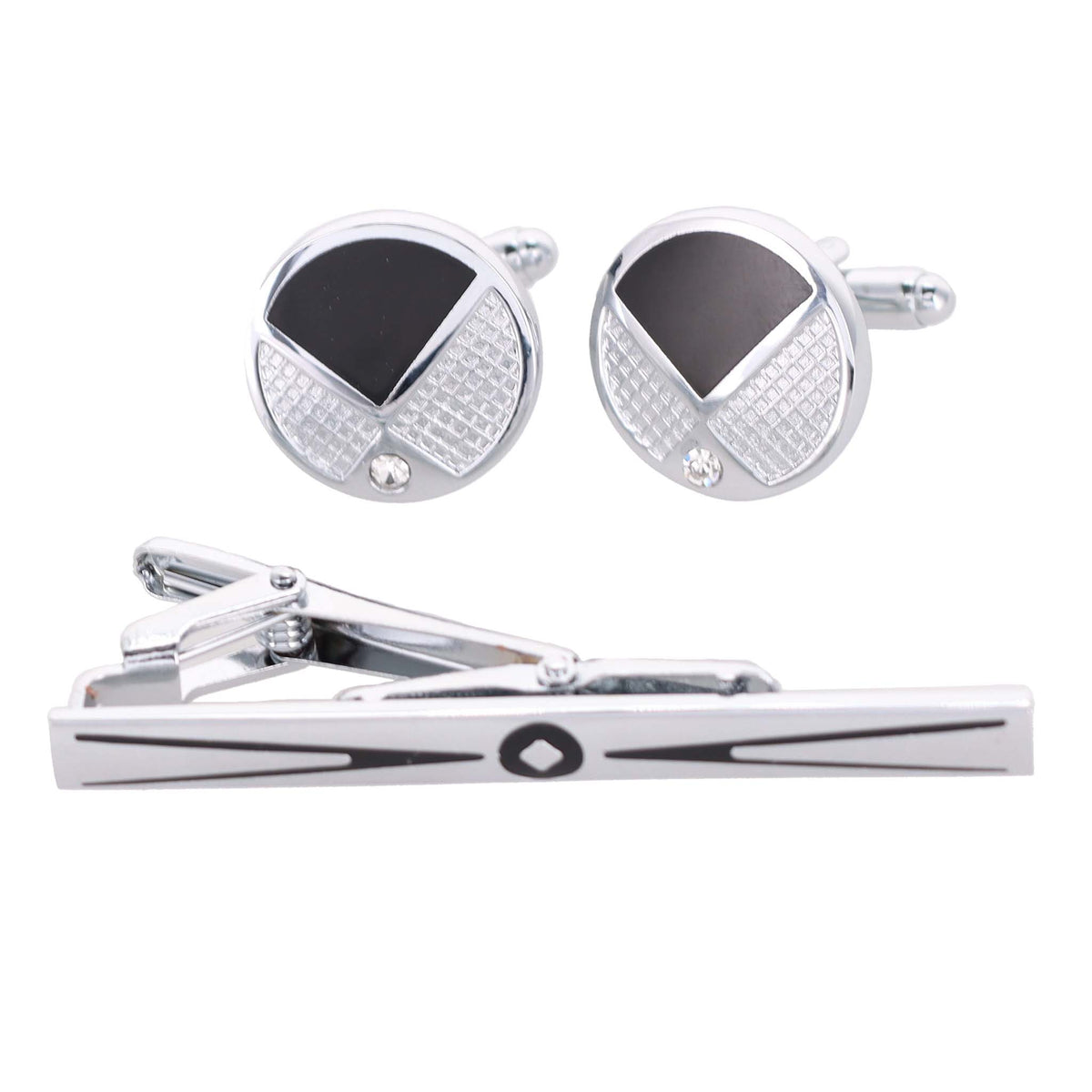 Vittorio Vico Silver Rhinestone Cufflinks &amp; Tie Bar Set - CR-088 - Classy Cufflinks