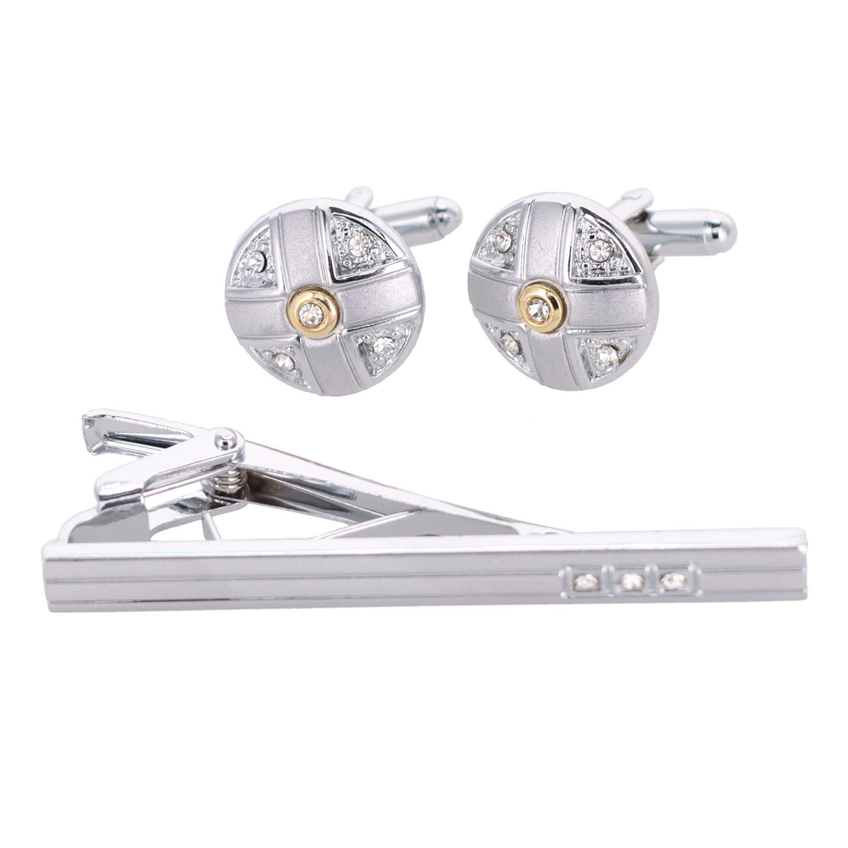 Vittorio Vico Silver Rhinestone Cufflinks &amp; Tie Bar Set - CR-089 - Classy Cufflinks