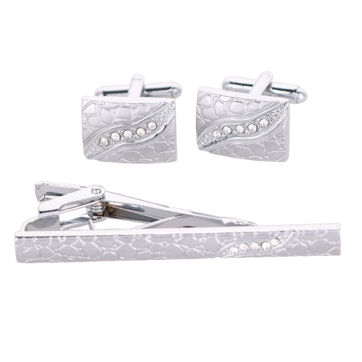 Vittorio Vico Silver Rhinestone Cufflinks &amp; Tie Bar Set - CR-090 - Classy Cufflinks
