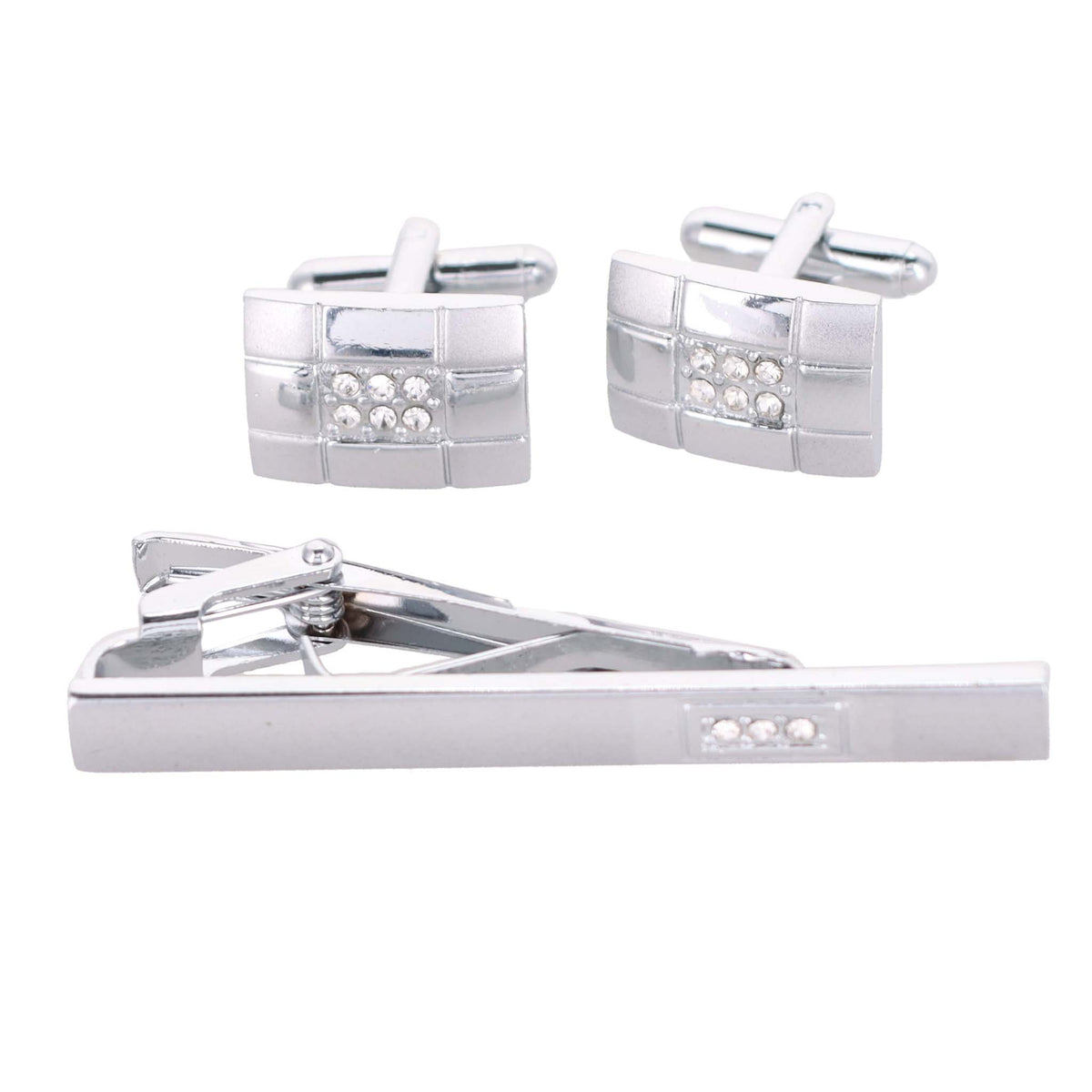 Vittorio Vico Silver Rhinestone Cufflinks &amp; Tie Bar Set - CR-091 - Classy Cufflinks