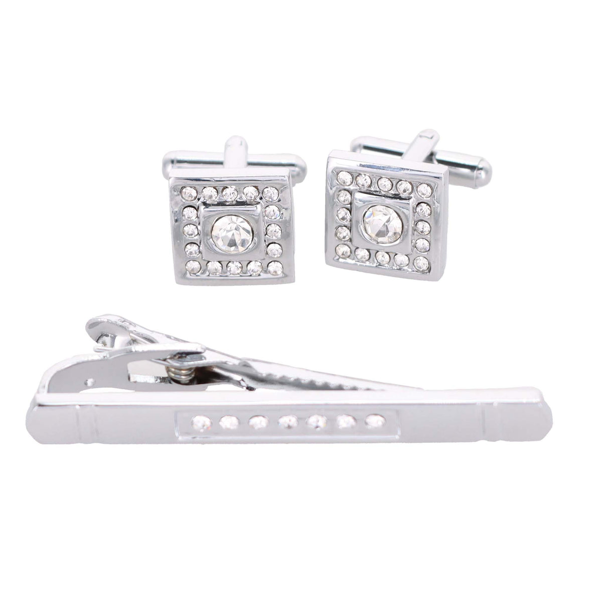 Vittorio Vico Silver Rhinestone Cufflinks &amp; Tie Bar Set - CR-092 - Classy Cufflinks